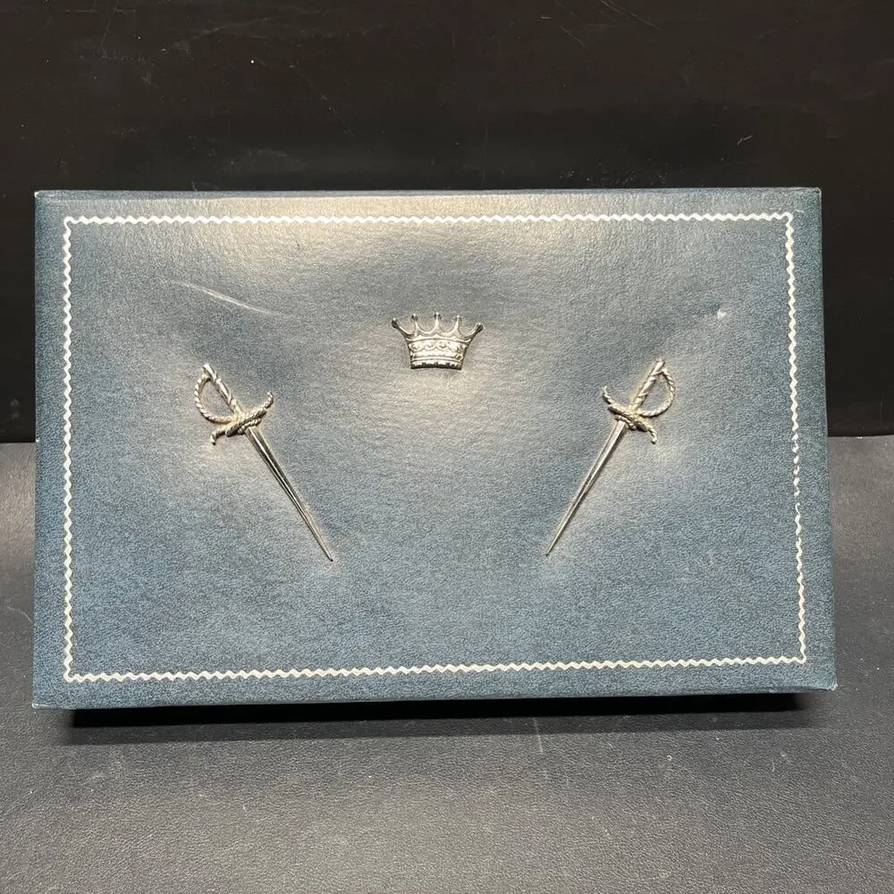 Vintage Dante Mens Jewelry Box Valet Box Faux Blue Leather, Swords & Crown